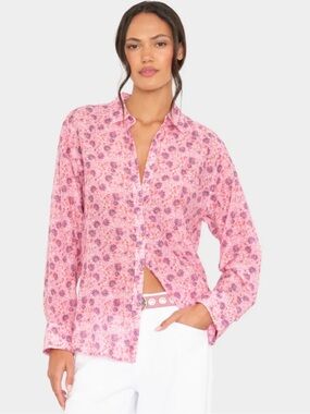 XiRENA Pink Floral Violet Petals Cotton & Silk Button Down Beau Top Sz. S